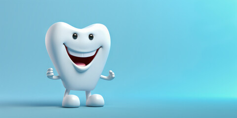 Fototapeta premium Cartoon character of cute human tooth on light blue background.