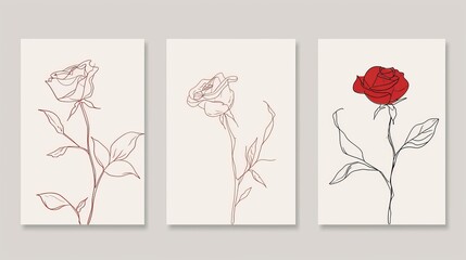 Set of cards decorated with rose line drawing. Scribble of simple design elements for greeting card, invitation, wedding, invite, love. Colorful minimal cartoon style. Flat design.Vector illustration