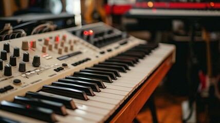 Classic synthesizer keyboard in a home music studio