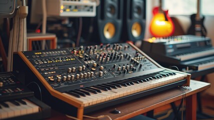 A vintage synthesizer set among studio equipment, music production concept