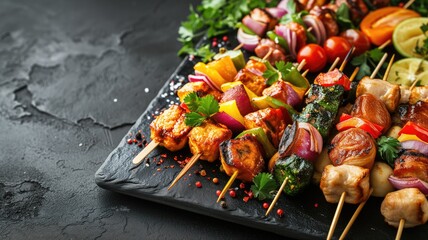 Juicy grilled kebabs on skewers served with colorful bell peppers and onions