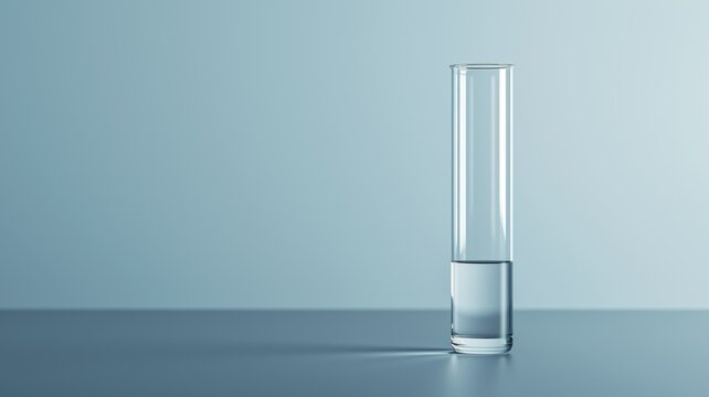 Transparent tall glass vase half filled with water on a light blue surface