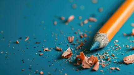 Close-up of a sharpened orange pencil with shavings on a teal background - obrazy, fototapety, plakaty
