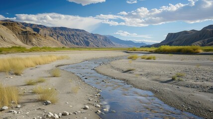 Tranquil river flowing through a desert valley under blue skies