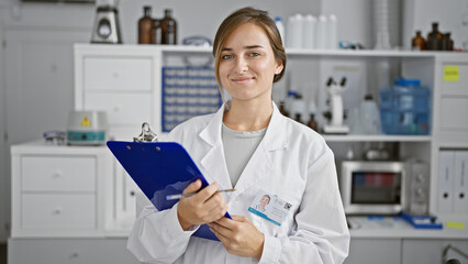 Smiling young blonde scientist, confident in her medical research, standing in her lab holding a...