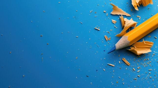 Close-up of a sharpened yellow pencil and shavings on blue