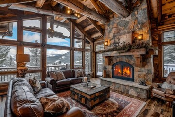 Rustic mountain lodge with crackling fireplace and snowy views