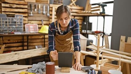 Attractive young blonde female carpenter immersed in her craft, proficiently using touchpad in...