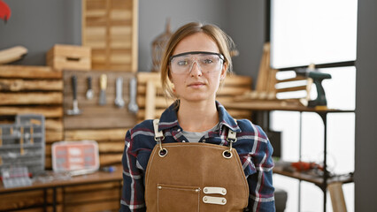 Attractive young blonde female carpenter in security glasses, a portrait of serious professionalism...