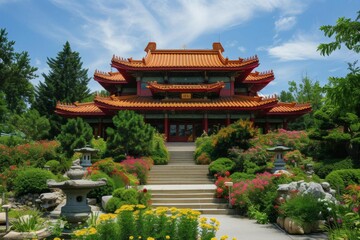 Serene buddhist temple with ornate architecture and peaceful gardens