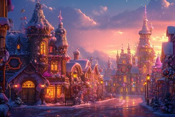 Fototapeta na wymiar Magical kingdom at dusk, buildings of candy and the streets are paved with gold