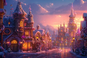 Tuinposter Magical kingdom at dusk, buildings of candy and the streets are paved with gold © Idressart