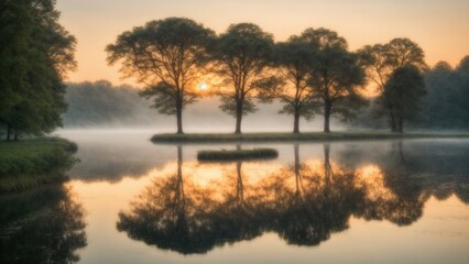 Fototapeta premium Three trees alined straight line with reflection of the trees on a lake at the sunrise