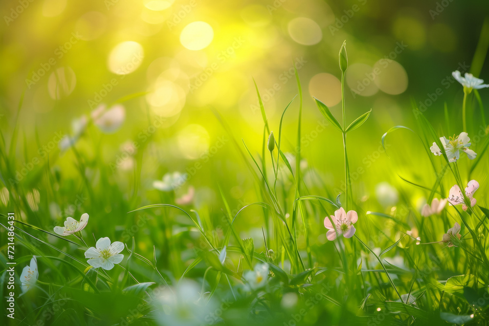 Poster spring field with wildflowers. backdrop with selective focus and copy space