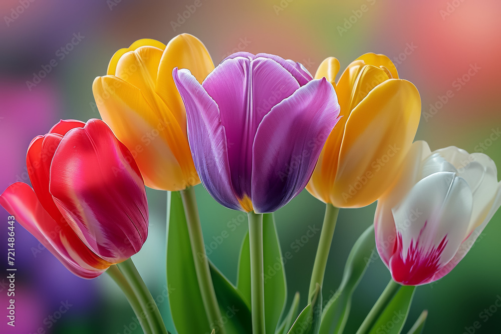 Poster row of colorful tulips. backdrop with selective focus and copy space