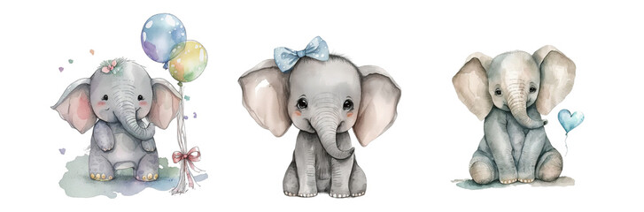 Cute funny baby elephants. Watercolor clipart .