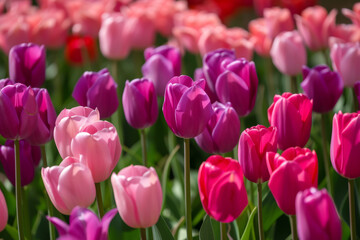 Fototapeta premium Flowerbed with spring tulips. Backdrop with selective focus and copy space