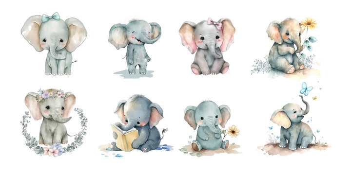 Cute funny baby elephants. Watercolor clipart .