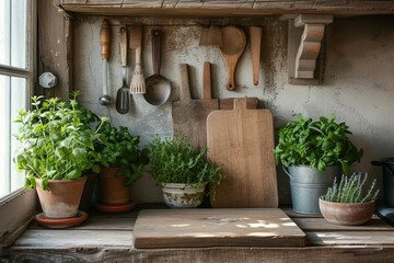 Vintage farmhouse kitchen with rustic utensils and fresh herbs