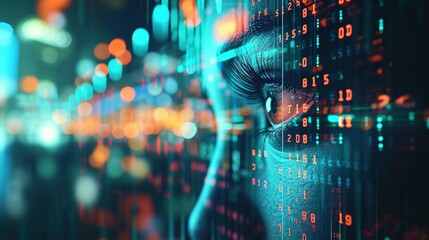 Cyber security and data protection concept. Female eye with binary code and blurry city lights, Cyber security and data protection concept with woman face and binary code