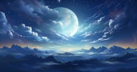 Naklejka na ściany i meble A painting depicting a detailed and vibrant full moon shining brightly amidst a dark night sky with stars.