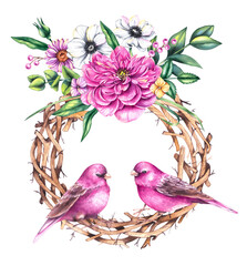 Watercolor Valentines Day wreath with bouquets of flowers, birds and flowers isolated
