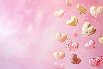 Floating Pink and Gold Hearts on a Soft Pink Backdrop, watercolor style, for Love Themed Events, Valentines, Birthday Greetings