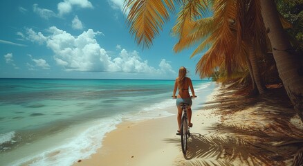 A free-spirited woman effortlessly glides along the sandy shore, her bicycle wheel spinning against the backdrop of a cloud-filled sky and swaying palm trees in the tropical paradise