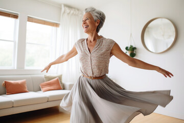 Caucasian middle aged mature woman dancing at home