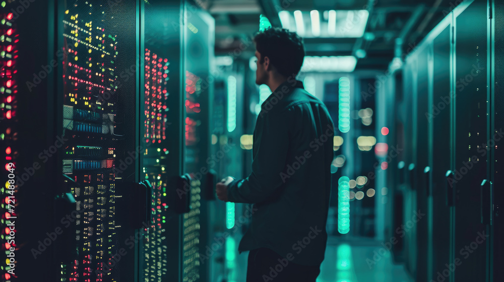 Poster man is standing in a data center with rows of server racks, holding a tablet and presumably managing
