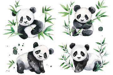 Set of cute panda with bamboo, watercolor illustrations for printing on baby clothes, sticker, postcards, baby showers