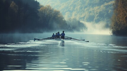 A rowing team glides in perfect unison through the calm waters of a mist-shrouded river.