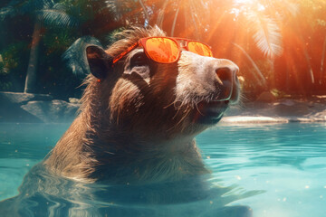 Cute capybara swims in a pool with turquoise water. Funny rodent on the background of palm - obrazy, fototapety, plakaty