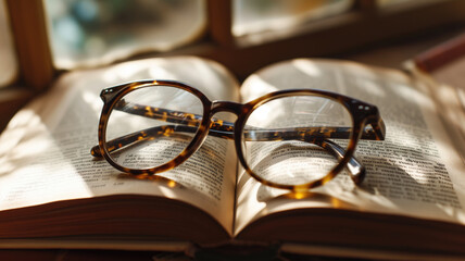 A pair of reading glasses resting on an open book in sunlight - obrazy, fototapety, plakaty