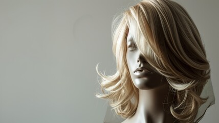 Mannequin head featuring styled blonde wavy hair against neutral background, showcasing hairdo