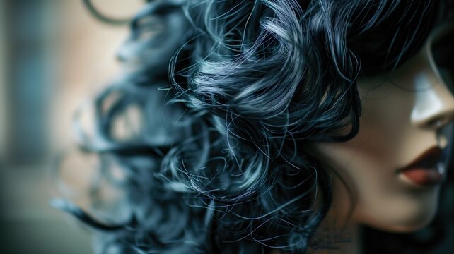 Close-up of a mannequin's blue stylized hair curls