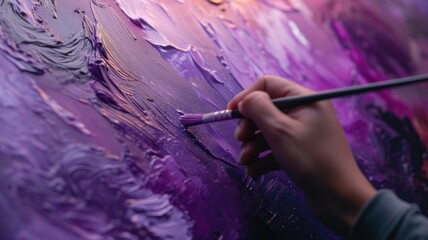 An artist's brush adding purple to a canvas painting