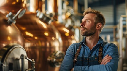 A thoughtful brewer standing in a distillery