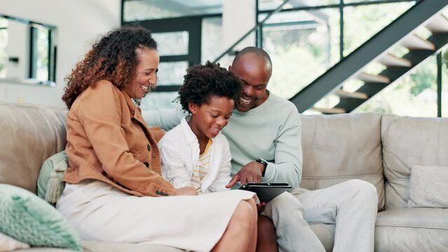 Happy black family, tablet and relax on sofa for entertainment, social media or online streaming at home. African mom, dad and son smile with technology for bonding, movie or weekend in living room
