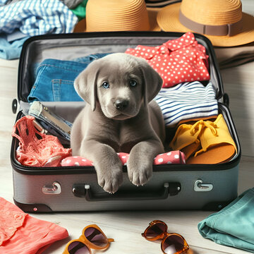 Cute grey puppy dog sitting in an open suitcase among summer clothes.	