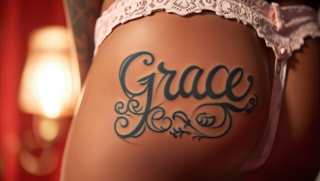 A woman in a pink thong proudly shows off her new tattoo on her derri&egrave;re with the inscription GRACE