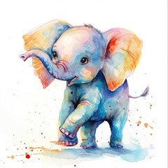 Watercolor painting of a cute sitting elephant, playful and cheerful