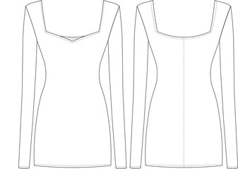 sweetheart square neck long sleeve, bodycon mini dress template technical drawing flat sketch cad mockup fashion woman design style model - obrazy, fototapety, plakaty