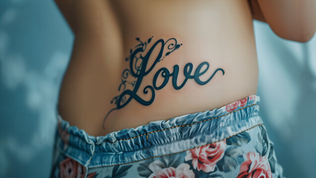 On the back of a woman in jeans, she proudly displays her new tattoo with the inscription "LOVE