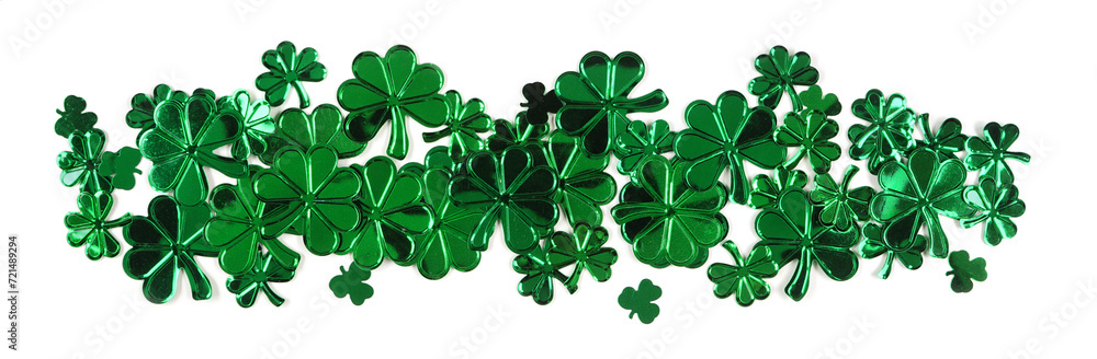 Poster Border of St Patricks Day shiny shamrocks over a white background