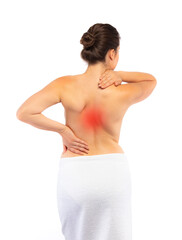 Young woman massaging back pain on white background
