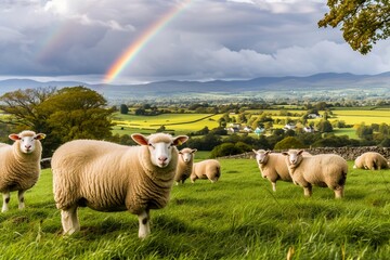 A serene image featuring a flock of sheep grazing under a rainbow in the lush countryside with...