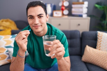 Young hispanic man taking pill sitting on sofa at home