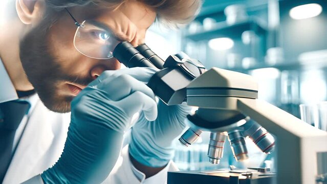 A video of An Expert Scientist looking at a microscope. Conducting Breakthrough Research in a High-Tech Lab