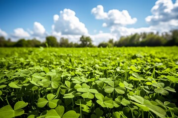 Bright and vibrant clover field under a sunny sky with fluffy clouds, capturing the essence of spring and natural beauty.